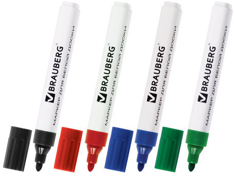 Маркеры стираемые для белой доски НАБОР 4 ЦВЕТА, BRAUBERG, 5 мм, 150417