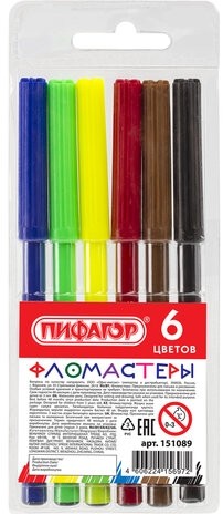 Фломастеры ПИФАГОР, 6 цветов, вентилируемый колпачок, 151089