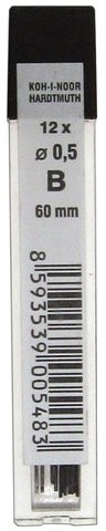 Грифели запасные 0,5 мм, B, KOH-I-NOOR, КОМПЛЕКТ 12 шт., 4152/B, 415200B005PKRU