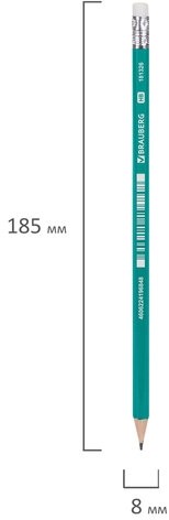 Карандаш чернографитный BRAUBERG, 1 шт., "Grass", НВ, с резинкой, пластиковый, корпус зеленый, 181326