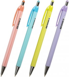 Ручка шариковая автоматическая BRAUBERG "Stripes Pastel", СИНЯЯ, корпус ассорти, пишущий узел 0,5 мм, линия письма 0,3 мм, 144220