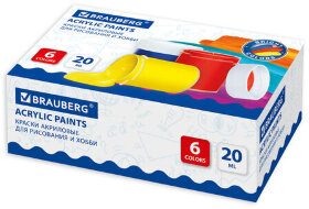 Краски акриловые для рисования и хобби BRAUBERG 6 цветов по 20 мл, 191601
