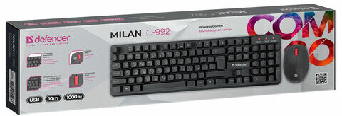 Набор беспроводной DEFENDER Milan C-992 RU, клавиатура, мышь 2 кнопки + 1 колесо-кнопка, черный, 45992