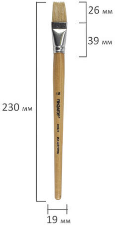 Кисть ПИФАГОР, ЩЕТИНА, плоская, № 18, деревянная лакированная ручка, пакет с подвесом, 200878