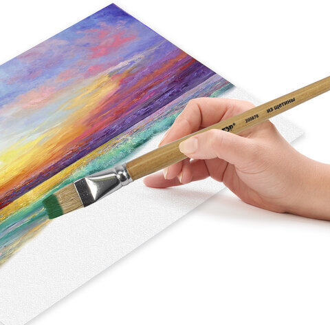 Кисть ПИФАГОР, ЩЕТИНА, плоская, № 18, деревянная лакированная ручка, пакет с подвесом, 200878