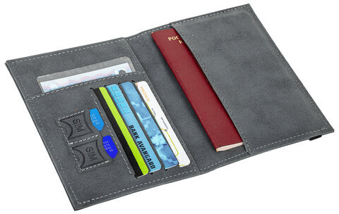 Обложка для паспорта с карманами и резинкой, мягкая экокожа, "PASSPORT", серая, BRAUBERG, 238203