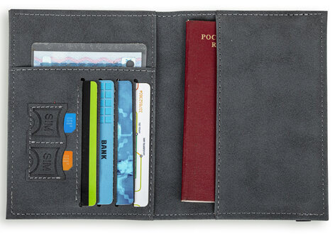 Обложка для паспорта с карманами и резинкой, мягкая экокожа, "PASSPORT", серая, BRAUBERG, 238203