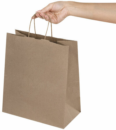 Крафт-пакет бумажный 22х12х25 см, КОМПЛЕКТ 50 шт., крученые ручки, плотность 90 г/м2, LAIMA ECO CRAFT, 609684