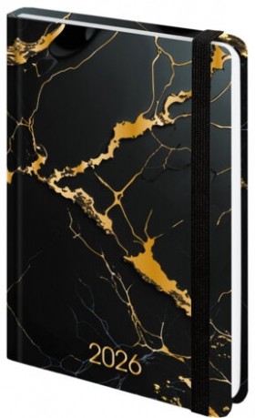 Ежедневник датированный 2026 с резинкой 145х203 мм, А5, BRAUBERG, твердый, фольга, &quot;Черный мрамор&quot;, 117338