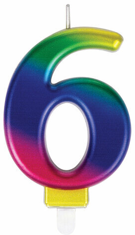 Свеча-цифра для торта "6" "Радужная", 9 см, ЗОЛОТАЯ СКАЗКА, с держателем, в блистере, 591439