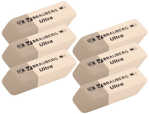 Ластики BRAUBERG "Ultra" 6 шт., размер ластика 41х14х8 мм, серо-белые, натуральный каучук, 229600