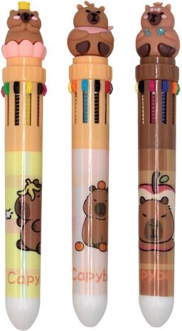 Ручка многоцветная с топпером шариковая 10 ЦВЕТОВ "Капибара", ассорти, линия 0,5мм, 7, 77425