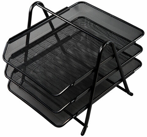 Лоток горизонтальный металлический для бумаг, 3 секции, BRAUBERG "Germanium", А4 (267х355х295 мм), черный, 231952