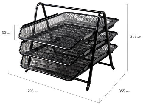 Лоток горизонтальный металлический для бумаг, 3 секции, BRAUBERG "Germanium", А4 (267х355х295 мм), черный, 231952