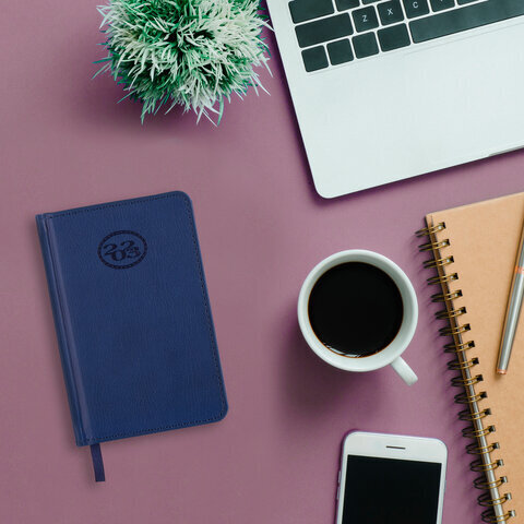 Ежедневник датированный 2023 МАЛЫЙ ФОРМАТ 100х150 мм А6, BRAUBERG "Favorite", под кожу, темно-синий, 113916