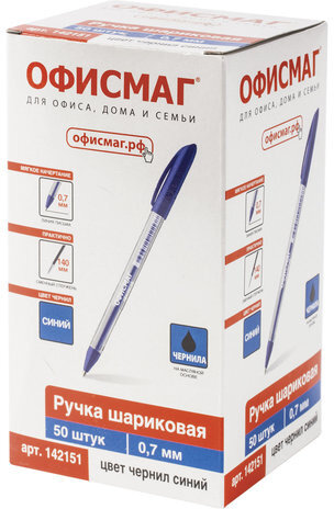 Ручка шариковая масляная ОФИСМАГ, СИНЯЯ, корпус прозрачный, узел 0,7 мм, линия письма 0,35 мм, 142151