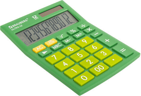 Калькулятор настольный BRAUBERG ULTRA-12-GN (192x143 мм), 12 разрядов, двойное питание, ЗЕЛЕНЫЙ, 250493