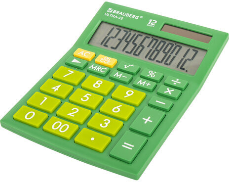 Калькулятор настольный BRAUBERG ULTRA-12-GN (192x143 мм), 12 разрядов, двойное питание, ЗЕЛЕНЫЙ, 250493