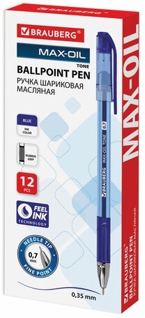 Ручка шариковая масляная с грипом BRAUBERG "Max-Oil Tone", СИНЯЯ, узел 0,7 мм, линия письма 0,35 мм, 142693