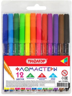 Фломастеры ПИФАГОР, 12 цветов, вентилируемый колпачок, 151090