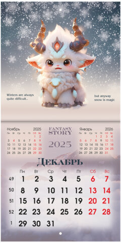 Календарь настенный перекидной на 2025 г., BRAUBERG, 12 листов, 22,5х22,5 см, МИНИ, "Fantasy Story", 116182