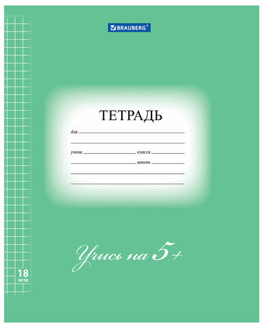Тетрадь 18 л. BRAUBERG ЭКО "5-КА", клетка, обложка плотная мелованная бумага, ЗЕЛЕНАЯ, 402987