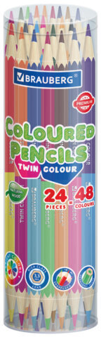 Карандаши цветные мягкие двусторонние BRAUBERG PREMIUM TWIN COLOUR, 24 штуки, 48 цветов, 181876