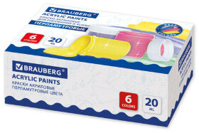 Краски акриловые ПЕРЛАМУТРОВЫЕ для рисования и хобби BRAUBERG 6 цветов по 20 мл, 191603