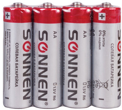 Батарейки КОМПЛЕКТ 4 шт., SONNEN, АА (R6, 15А), солевые, пальчиковые, в пленке, 451097
