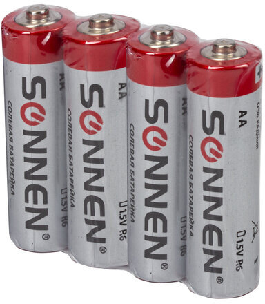 Батарейки КОМПЛЕКТ 4 шт., SONNEN, АА (R6, 15А), солевые, пальчиковые, в пленке, 451097
