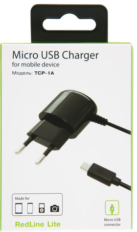 Зарядное устройство сетевое (220 В) RED LINE TCP-1A, кабель micro USB 1 м, выходной ток 1 А, черное, УТ000010348