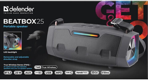 Колонка портативная DEFENDER Beatbox 25, 25 Вт, 3000 мАч, Bluetooth, FM, Type-C, черная, 65325