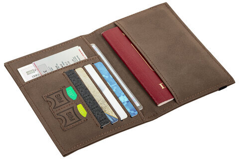 Обложка для паспорта с карманами и резинкой, мягкая экокожа, "PASSPORT", коричневая, BRAUBERG, 238204