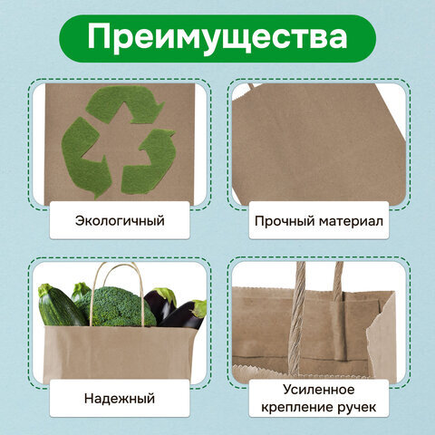 Крафт-пакет бумажный 24х14х28 см, КОМПЛЕКТ 50 шт., крученые ручки, плотность 90 г/м2, LAIMA ECO CRAFT, 609685