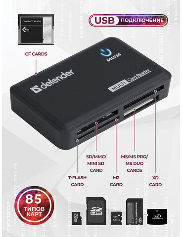 Картридер DEFENDER OPTIMUS USB 2.0, порты SD/MMC, TF, M2, MC, CF, XD, 83501