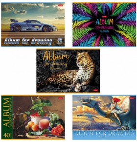 Альбом для рисования, А4, 40 л., скоба, обложка картон, HATBER, 205х290 мм, &quot;Ассорти 2&quot; (5 видов), 40А4В