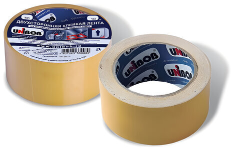 Клейкая двухсторонняя лента 50 мм х 10 м, ПОЛИПРОПИЛЕНОВАЯ ОСНОВА, UNIBOB, 28211