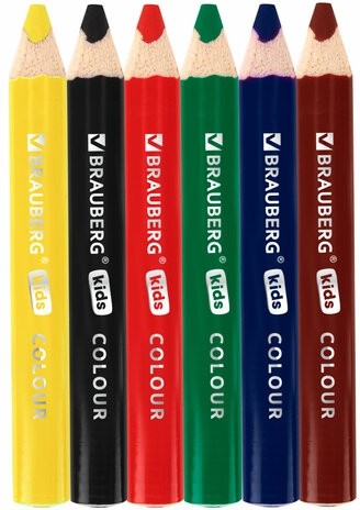 Карандаши цветные толстые для малышей 6 цветов, трехгранные, натуральное дерево, BRAUBERG KIDS, 182057