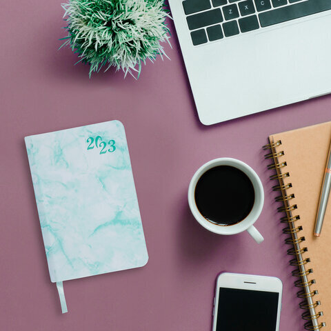 Ежедневник датированный 2023 МАЛЫЙ ФОРМАТ 100x150 мм А6, BRAUBERG "Marble", под кожу, бирюзовый, 113918