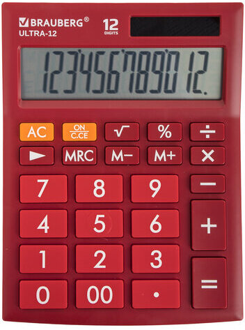 Калькулятор настольный BRAUBERG ULTRA-12-WR (192x143 мм), 12 разрядов, двойное питание, БОРДОВЫЙ, 250494