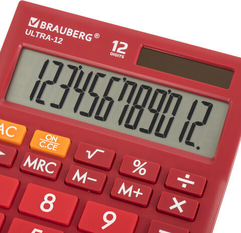 Калькулятор настольный BRAUBERG ULTRA-12-WR (192x143 мм), 12 разрядов, двойное питание, БОРДОВЫЙ, 250494