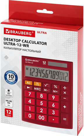 Калькулятор настольный BRAUBERG ULTRA-12-WR (192x143 мм), 12 разрядов, двойное питание, БОРДОВЫЙ, 250494