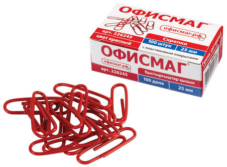 Скрепки ОФИСМАГ, 25 мм, красные, 100 шт., в картонной коробке, 226245