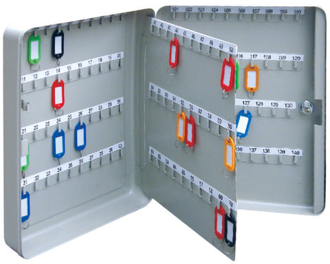 Шкафчик (Ключница) на 140 ключей BRAUBERG, 370х280х80 мм, с замком, +140 брелоков, серый, 290340