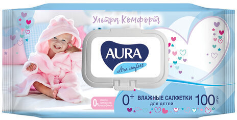 Салфетки влажные КОМПЛЕКТ 100 шт., для детей AURA "Ultra comfort", гипоаллергенные, без спирта, крышка-клапан, 6486