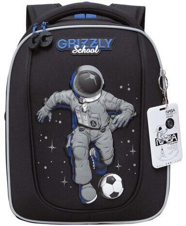 Ранец GRIZZLY анатомическая спинка, с бейджем, для мальчиков, SPACE FOOTBALL, 36х29х18 см, RAf-393-6/1