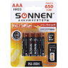 Батарейки аккумуляторные Ni-Mh мизинчиковые КОМПЛЕКТ 4 шт., AAA (HR03) 650 mAh, SONNEN, 455609