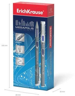 Ручка гелевая ERICH KRAUSE "Megapolis Gel", СИНЯЯ, корпус с печатью, узел 0,5 мм, линия письма 0,4 мм, 92