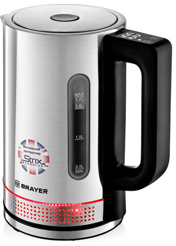 Чайник с терморегулятором BRAYER BR1060, 1,7 л, 2200 Вт, закрытый нагревательный элемент, сталь