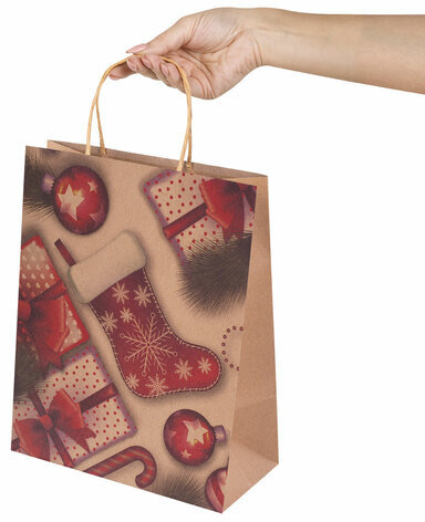 Пакет подарочный КОМПЛЕКТ 10 штук, новогодний, 26x13x32 см, "Christmas Kraft", ЗОЛОТАЯ СКАЗКА, 591961